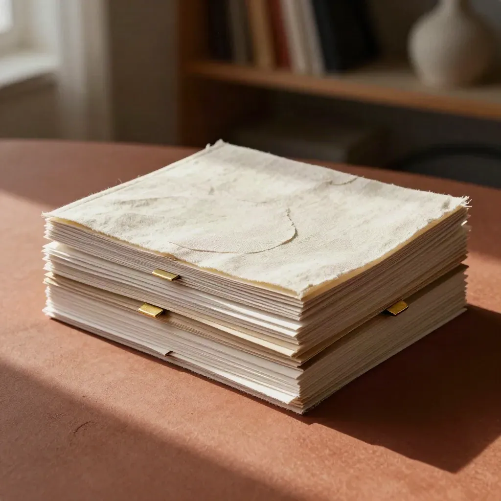 Copertina in lino, cartelle campione e clip d’ottone su superficie terracotta, luce soffusa.