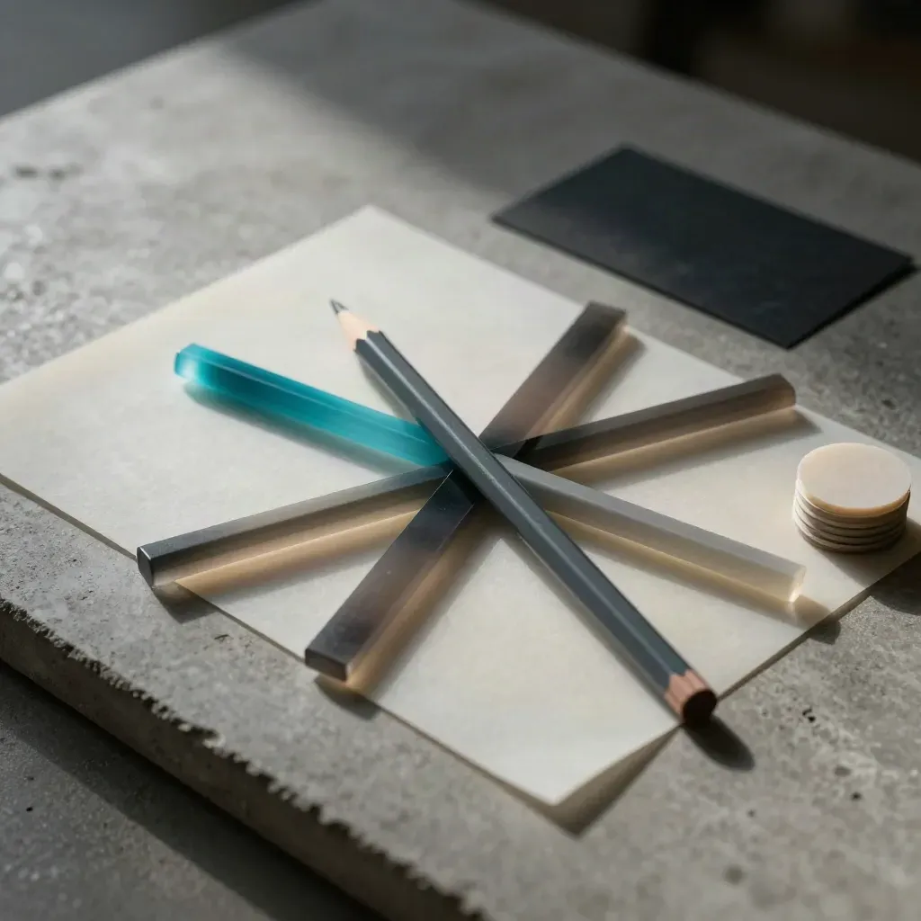 Veli di tracing e campioni colore incrociati su lastra grafite, luce morbida e accento ciano.