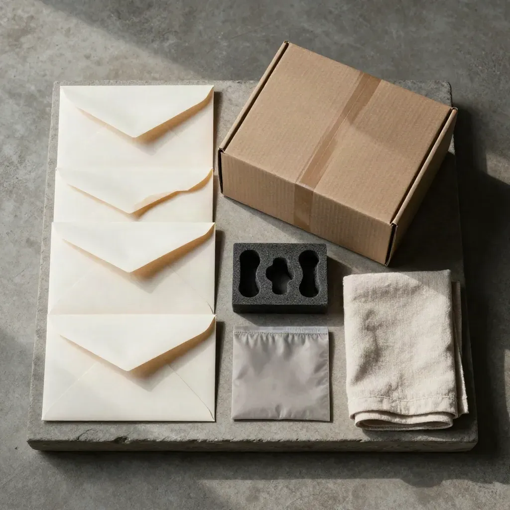 Buste archivio, box sigillato, inserti in foam e sleeve su vassoio di pietra.