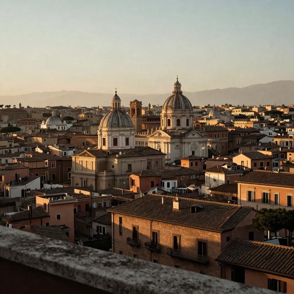 Roma al tramonto con cupole e tetti in terracotta, luce calda e foschia sopra un piano urbano calmo.