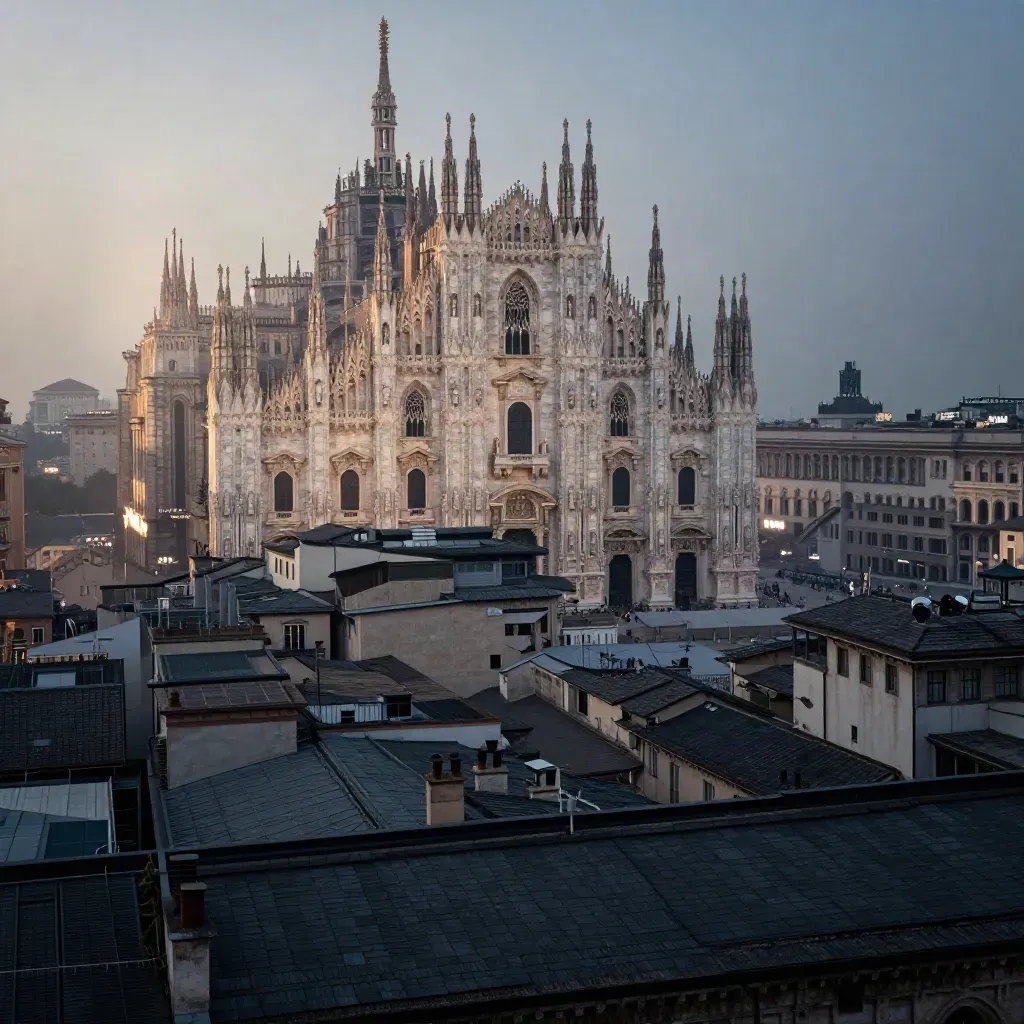 Il Duomo di Milano sopra i tetti in foschia blu, con luce calda sulle guglie.