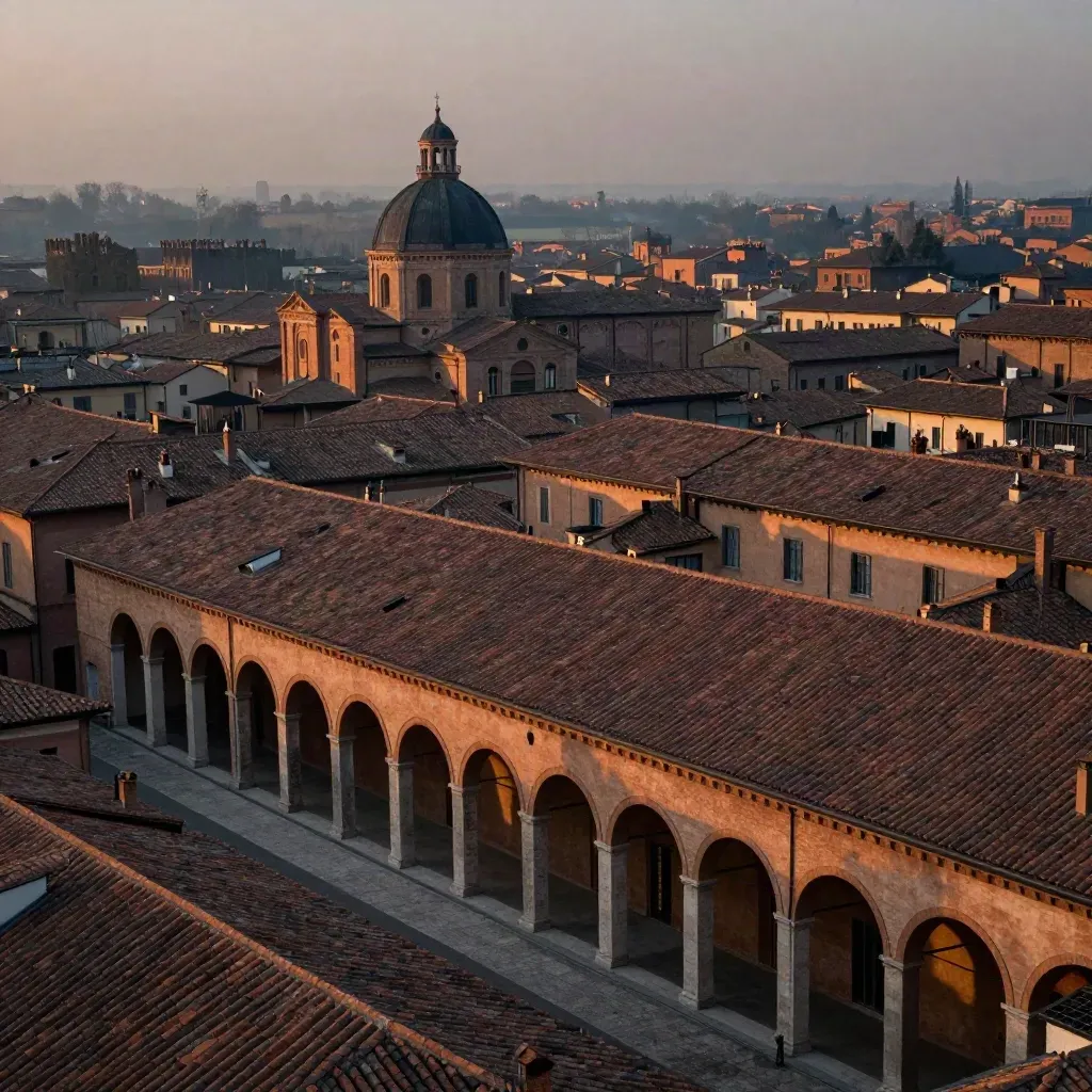 Bologna al tramonto con tetti in cotto e portici avvolti da foschia calda