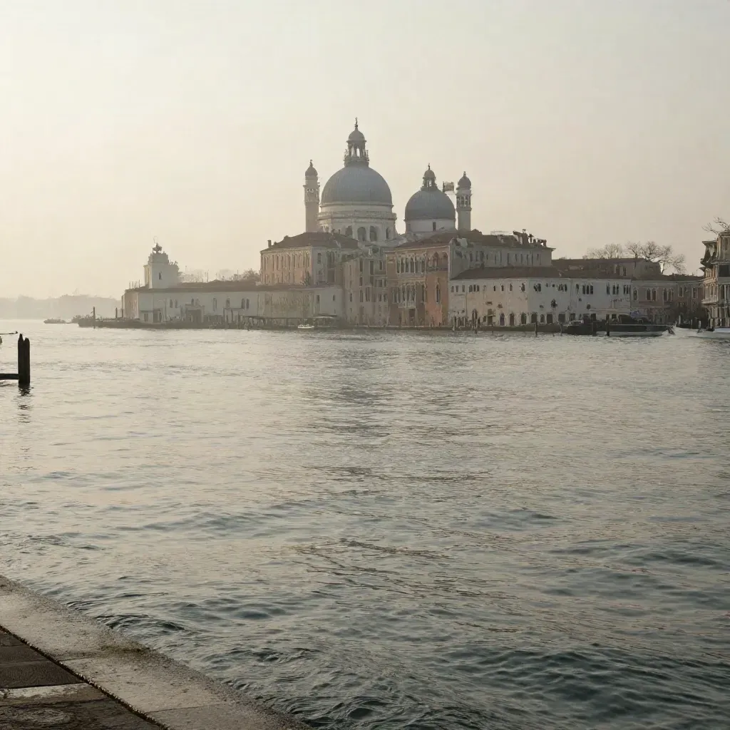 Venezia nella bruma mattutina, San Marco alto nel frame e laguna calma con riflessi lattiginosi.