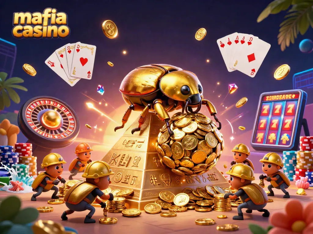 Melee a massive golden dung beetle amidst cascading coins, revealing the mafia casino's vibrant winnings.
