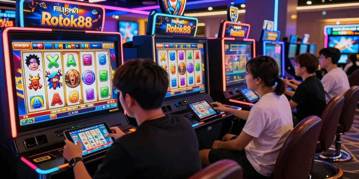 Players immersed in digital rokok88 slot game in a vibrant gaming environment.