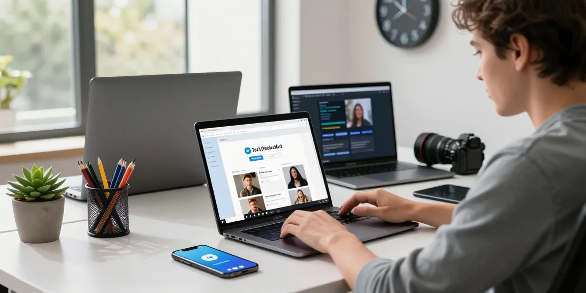 Engaging user accessing Telegram web version on a laptop in a bright, modern workspace.