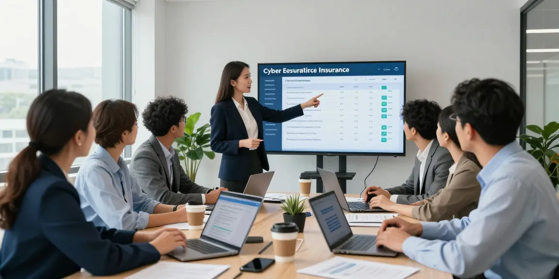 Team discussing cyber essentials insurance in a modern office setting with laptops and compliance documents.