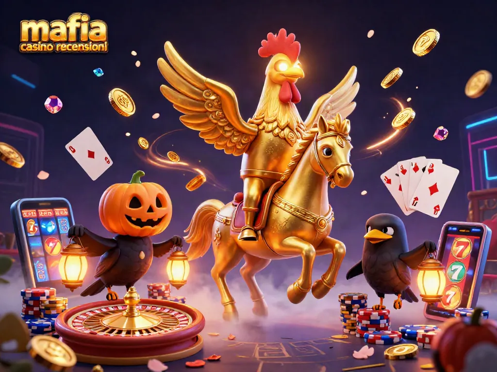 Mafia casino recensioni illustration featuring a golden rooster riding a spectral horse amidst vibrant casino elements.