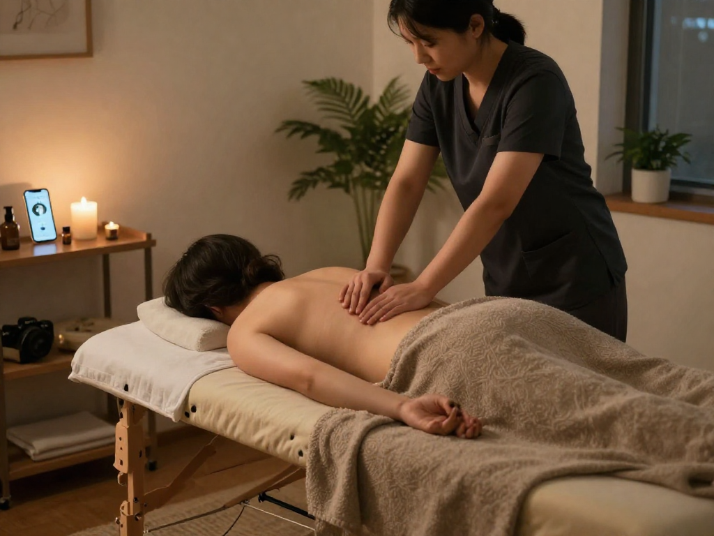 Relaxing 시흥출장마사지 session with a professional therapist in a serene home setting.