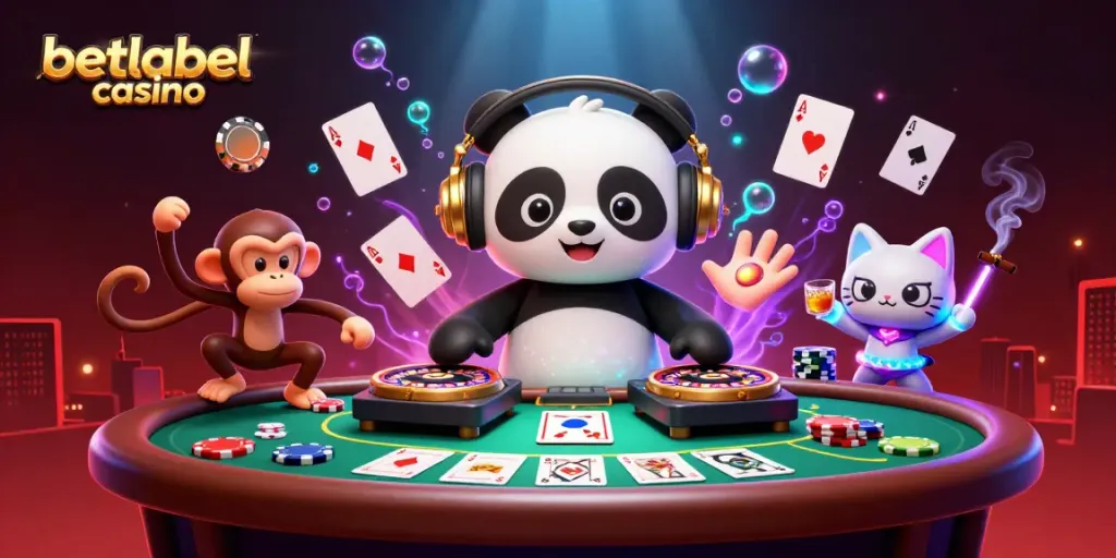 Experience the vibrant atmosphere of betlabel casino with a DJ panda, dancing monkey, and rave kitten amidst poker and casino elements.